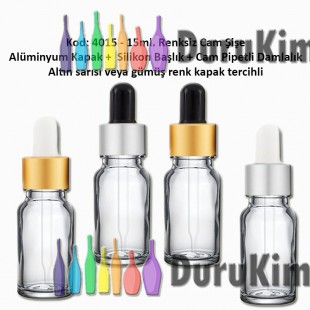 Cam Pipetli Damlalıklı Renksiz Cam Şişe 15ml Kod: 4015