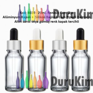 Cam Pipetli Damlalıklı Renksiz Cam Şişe 20ml Kod: 4020