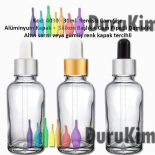 Cam Pipetli Damlalıklı Renksiz Cam Şişe 30ml Kod: 4030