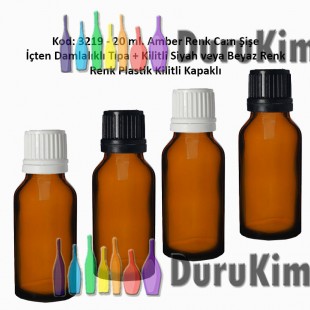 İçten Damlalıklı Tıpalı Amber Cam Şişe 20ml Kod: 3219