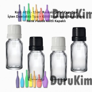 İçten Damlalıklı Tıpalı Renksiz Cam Şişe 15ml Kod: 4015