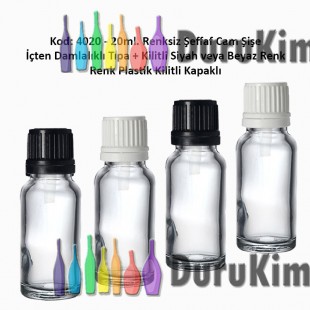 İçten Damlalıklı Tıpalı Renksiz Cam Şişe 20ml Kod: 4020