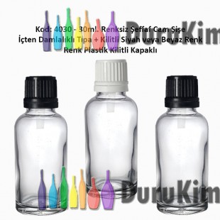 İçten Damlalıklı Tıpalı Renksiz Cam Şişe 30ml Kod: 4030