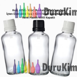 İçten Damlalıklı Tıpalı Renksiz Cam Şişe 50ml Kod: 4050