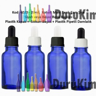 Kobalt Mavi Renk Plastik Pipetli Damlalıklı Cam Şişe 20ml Kod: 4020