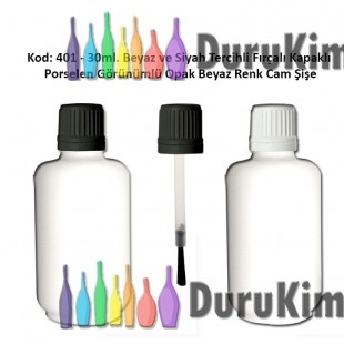 30ml. Opak Beyaz Cam Şişe Fırçalı Kapaklı Kod 401