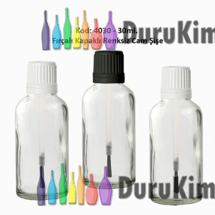 30ml. Renksiz Cam Şişe Fırçalı Kapaklı  Kod 4030