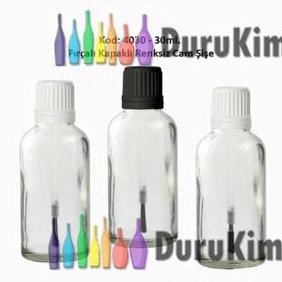 30ml. Renksiz Cam Şişe Fırçalı Kapaklı  Kod 4030