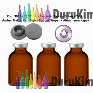 20/25ml. Flakon Amber Cam Şişe + Stoper + Alüminyum Kapsül Kapak