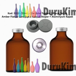 50ml. Flakon Amber Cam Şişe + Stoper + Alüminyum Kapsül Kapak