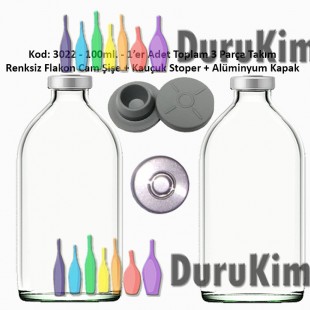 100ml. Flakon Cam Şişe + Stoper + Alüminyum Kapsül Kapak