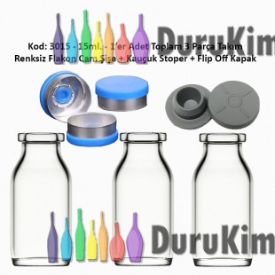 15ml. Flakon Renksiz Cam Şişe + Stoper + Flip Off Kapak