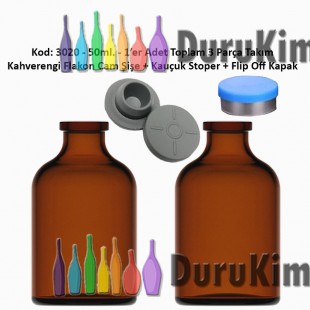 50ml. Flakon Amber Cam Şişe + Stoper + Flip Off Kapak