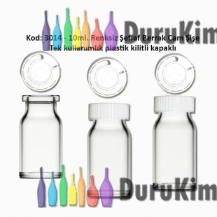 10ml. Kilitli Çakma Kapaklı Renksiz  Flakon Cam Şişe Kod: 3014 