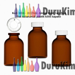 20ml. Kilitli Çakma Kapaklı Amber Flakon Şişe Kod: 3016