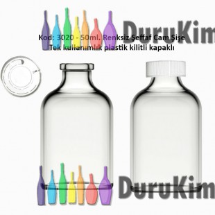 50ml. Kilitli Çakma Kapaklı Renksiz Flakon Cam Şişe Kod: 3020 