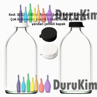 100ml. Kilitsiz Çakma Kapaklı Renksiz Flakon Cam Şişe Kod: 3022 