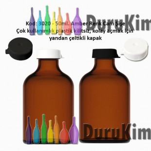 50ml. Kilitsiz Çakma Kapaklı Amber Flakon Şişe Kod: 3020 