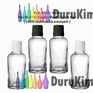 Kilitli Kapaklı Renksiz Cam Şişe 30ml Kod: 4030