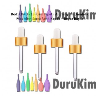 Cam Pipet + Mat Altın Sarısı Alüminyum Kapak + Beyaz Silikon Başlıklı Damlalık Kod: CPAD-18