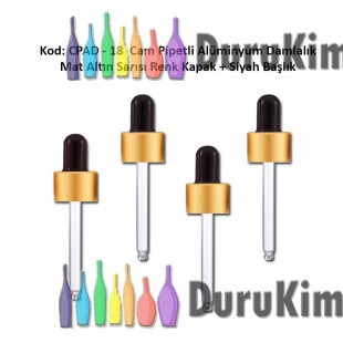 Cam Pipet + Mat Altın Sarısı Alüminyum Kapak + Siyah Silikon Başlıklı Damlalık Kod: CPAD-18